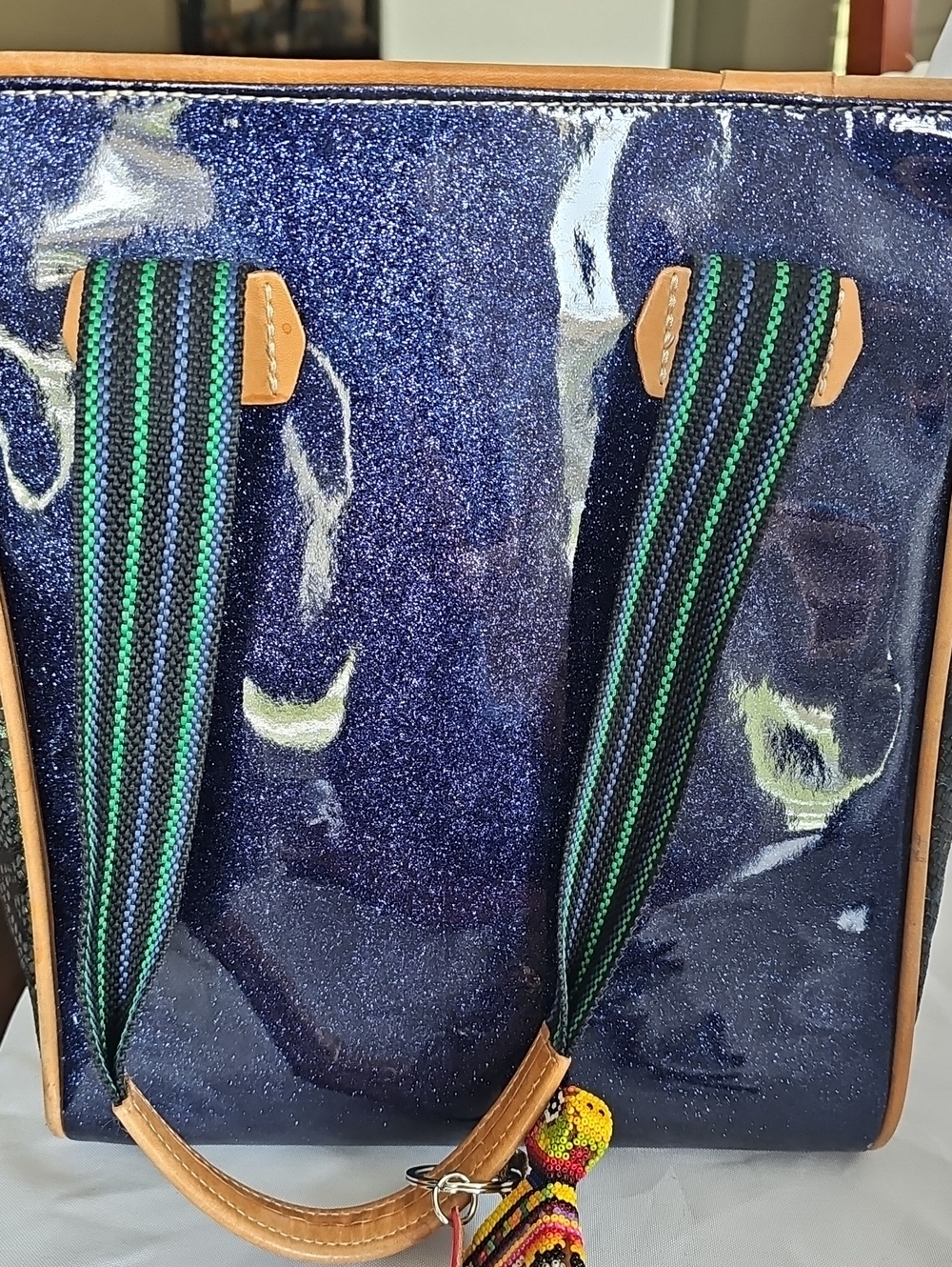 Consuela Navy Glitter Patent Tote with Black/green Sides and Tan Trim - Picture 10 of 10